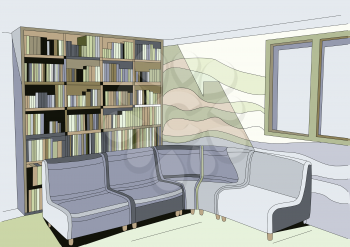 interior with sofa and bookcase