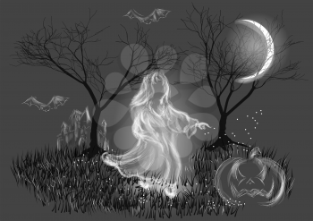 scary night, ghost girl in white on a rural path
