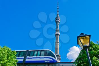 Monorail train and TV tower Ostankino in Moscow, Russia, East Europe