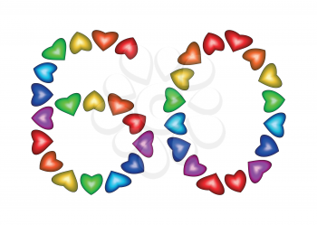 Number 60 made of multicolored hearts on white background