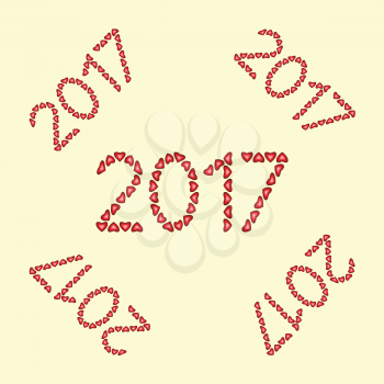 New Year 2017 made from hearts on yellow background