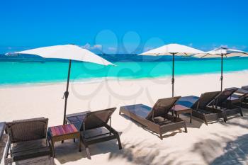 White sand beach with umbrellas, Boracay island, Philippines