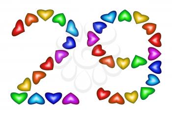 Number 29 of colorful hearts on white. Symbol for happy birthday, event, invitation, greeting card, award, ceremony. Holiday anniversary sign. Multicolored icon. Twenty nine in rainbow colors.