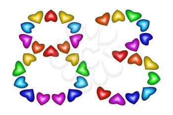 Number 83 of colorful hearts on white. Symbol for happy birthday, event, invitation, greeting card, award, ceremony. Holiday anniversary sign. Multicolored icon. Eighty three in rainbow colors.