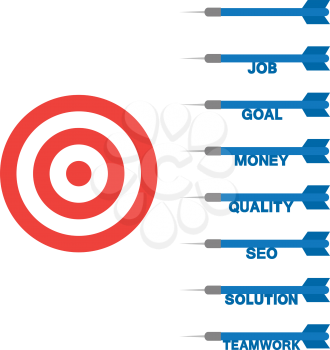 Vector red bullseye with blue darts text job, goal, money, quality, seo, solution, teamwork.