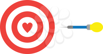 Vector red bullseye target with heart and yellow blue light bulb dart.