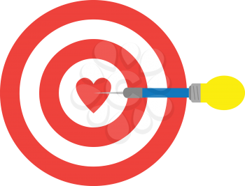 Vector red bullseye target with heart and yellow blue light bulb dart is in the center.