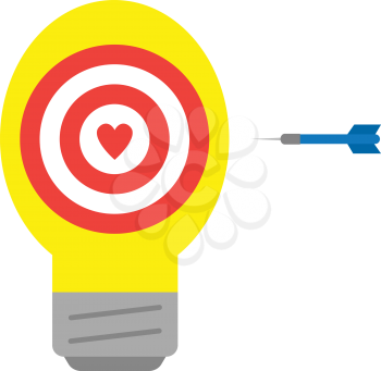 Vector yellow light bulb with red bullseye target with heart and blue dart.