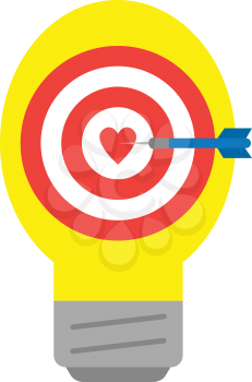 Vector yellow light bulb with red bullseye target with heart and blue dart is in the center.