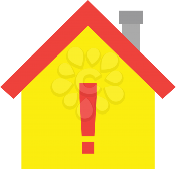 Vector red roofed yellow house icon with red exclamation mark