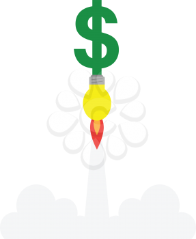 Vector green dollar and yellow light bulb rocket ship flying on white.