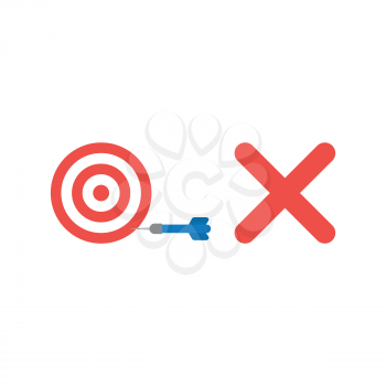 Flat design style vector illustration concept of red and white bulls eye with blue dart in the side with red x mark symbolizes unsuccess on white background.