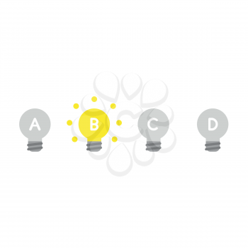 Vector illustration icon concept of three grey light bulbs and one glowing light bulb idea.