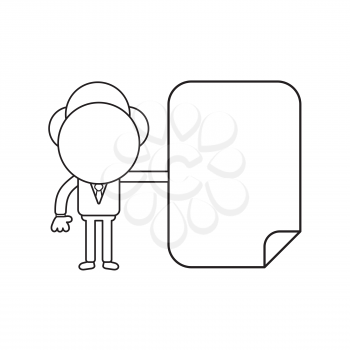 Vector illustration concept of businessman character with blank paper. Black outline.