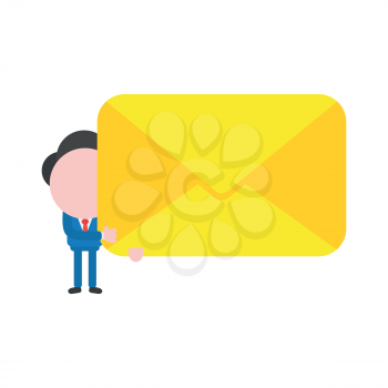 Vector cartoon illustration concept of faceless businessman mascot character holding yellow closed envelope symbol icon.