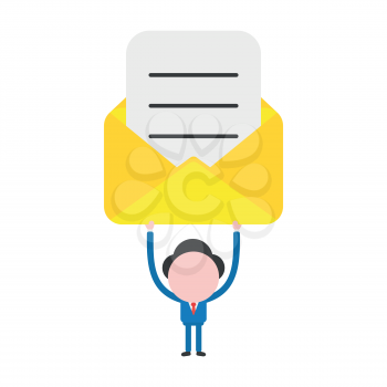 Vector cartoon illustration concept of faceless businessman mascot character holding up yellow open envelope symbol icon with written paper.