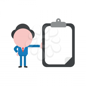 Vector cartoon illustration concept of faceless businessman mascot character leaning on black clipboard with blank paper symbol icon.