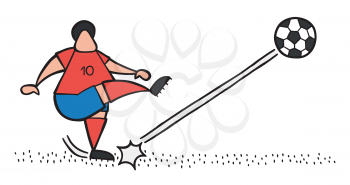 Vector illustration cartoon soccer player man shooting ball on pitch.