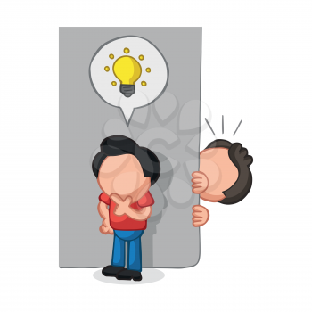 Vector hand-drawn cartoon illustration of man spying on man with light bulb icon idea behind wall.
