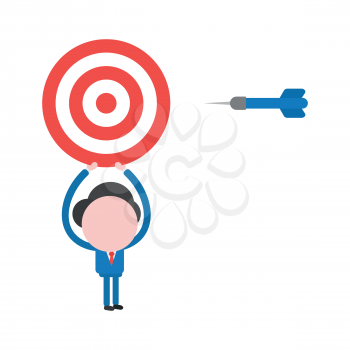 Vector illustration of faceless businessman character holding up bulls eye with dart.