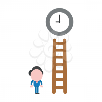Vector illustration businessman character reach clock with wooden ladder.
