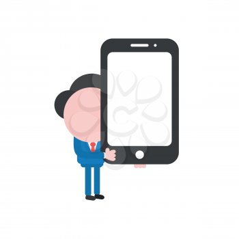 Vector illustration businessman character holding smartphone.