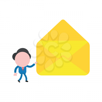 Vector illustration businessman character walking and holding open empty mail envelope.