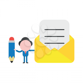 Vector illustration businessman character holding pencil and open mail envelope with written paper.