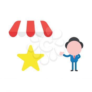 Vector illustration businessman character with star under shop store awning.