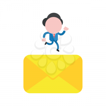 Vector illustration businessman character running on closed mail envelope.