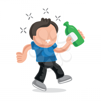 Vector hand-drawn cartoon illustration of drunk man walking holding bottle of beer.