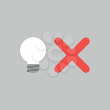 Flat vector icon concept of light bulbwith x mark on grey background.