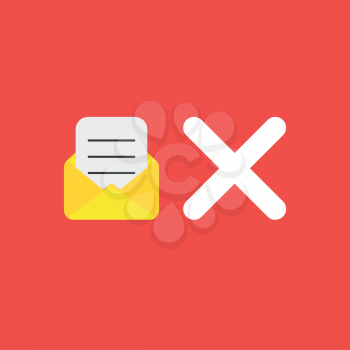 Flat vector icon concept of written paper inside mail envelope and x mark on red background.