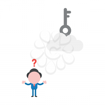 Vector illustration confused businessman character  with key on cloud.