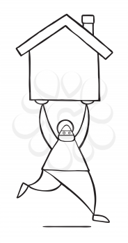 Vector illustration cartoon thief man with face masked running and carrying house.