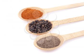 Spices on wooden spoons isolated on white background.