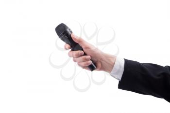 Man's hand with a microphone on a white background.