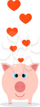 Happy Valentine's Day pink pig with hearts. Vector illustration .
