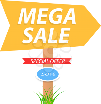 Mega sale pillar with arrow on white background. Vector illustration .