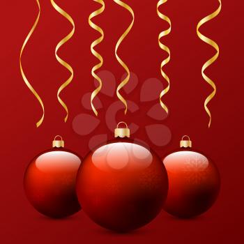 Christmas balls and serpentine on a red background. Vector illustration .