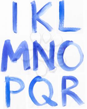 Handwritten Blue Watercolor ABC Alphabet / Painted Blue Watercolor Alphabet, Isolated.  Letters I, K, L, M, N, O, P, Q, R