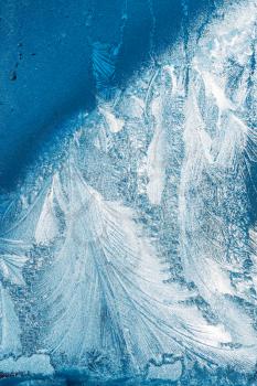 Blue Frosty Glass Ice Background, Natural Beautiful Frost Ice Pattern. Winter Xmas Christmas Abstract Backdrop, Background Or Texture