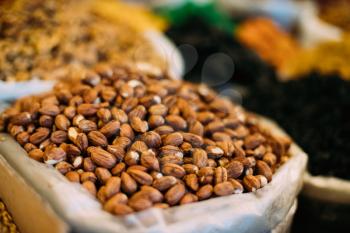 Tbilisi, Georgia. Close View Of Hazelnut Cobnut Filbert Nut In Bag On Showcase Of Local Food Market.
