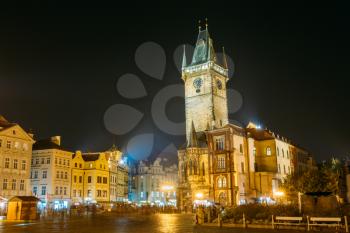 Night view of the Old Town Hall. This lanmark is a complex of several ancient houses in the Old Town Square, Prague, Czech Republic