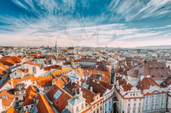 Cityscape of Prague, Czech Republic. View from viewpoint on old hall tower.