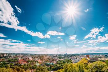 Vilnius, Lithuania. Old Town Historic Center Cityscape Under Dramatic Sky And Bright Sun In Sunny Summer Day. Destination Scenic. UNESCO World Heritage. Famous And Popular Place.