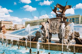 Sculpture Departing Cranes Is Part Of Composition Of Fountain At Independence Square In Minsk, Belarus