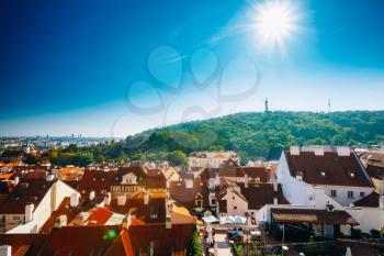 Aerial view, cityscape in Prague, Czech Republic. Sunny day, summer