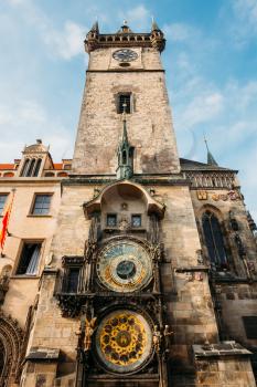 Tower of town hall with astronomical clock - orloj in Prague, Czech Republic