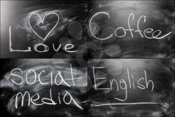 Black Chalkboard Set Collage With Message Love, Cofee, Social Media